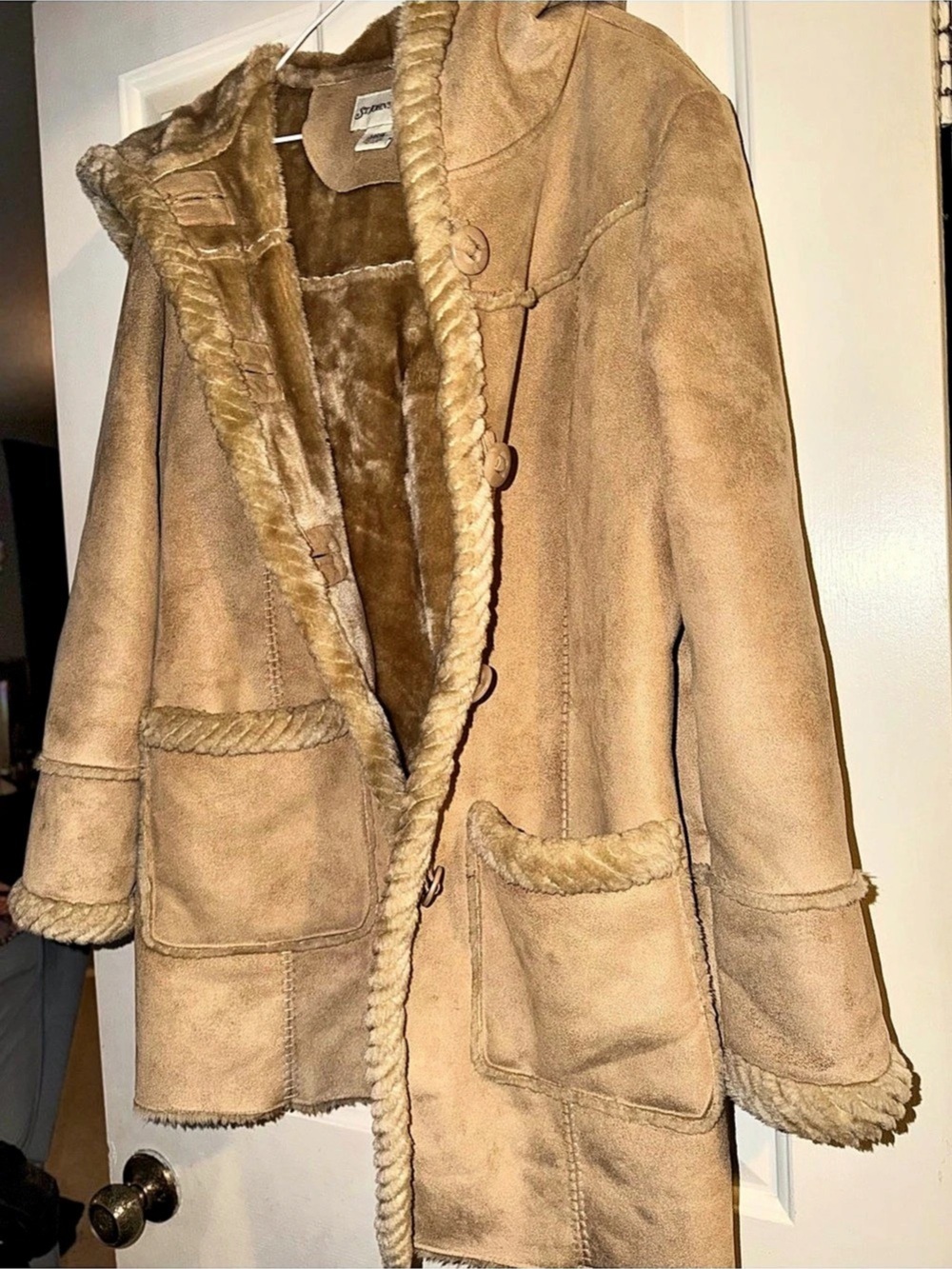 St. Johns Bay Faux Shearling Hooded Coat Brown Size Large
